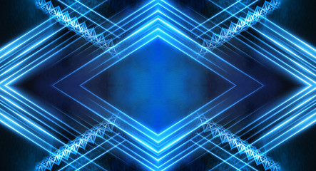 Abstract light tunnel, blue background, stage, portal with rays, neon lights and spotlights. Dark empty scene with neon. Symmetric reflection, perspective. 3D rendering.