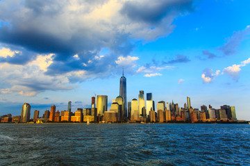 Lower Manhattan panorama and Hudson River seen from Yersey City during sunset, New York City