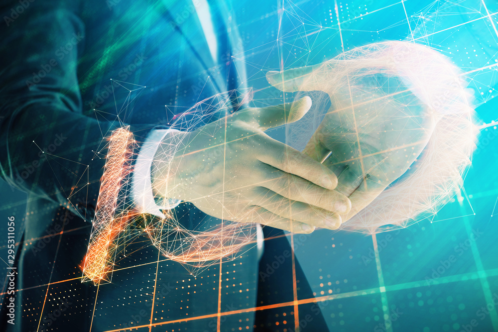 Aufkleber multi exposure of bitcoin sign on abstract background with two men handshake. concept of cryptocurre