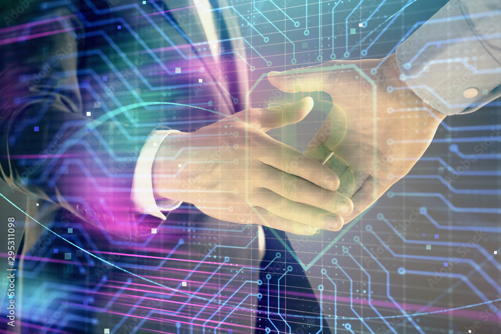 Poster multi exposure of bitcoin sign on abstract background with two men handshake. concept of cryptocurre