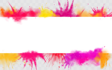 Fototapeta na wymiar Color splash Holi powder paints empty banner mock up, vector horizontal border isolated on transparent background colorful cloud or explosion for traditional indian festival. Realistic 3d illustration