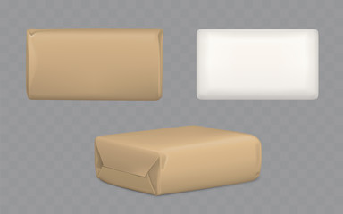 Parcel package boxes wrapped to brown and white paper top and side view, vector blank packaging mock up for post mailing, isolated shipping cardboard containers. Realistic 3d illustration, clip art