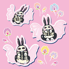 Seamless vector day of the dead kawaii character set with hand drawn bat bunny, shugar scull and florals. Funny and happy design for your perfect party.