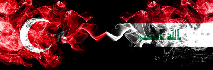 Turkey vs Iraq, Iraqi smoke flags placed side by side. Thick colored silky smoke flags of Turkish...
