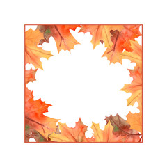 Square frame with autumn leaves on white isolated background . Watercolor illustration.
