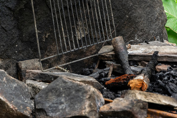 Campfire place in the woods, natural fireplace