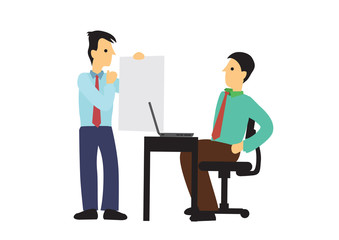 Conversation between a businessman with his boss. Concept of teamwork, leadership or collaboration.