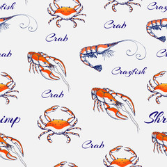 seamless Seafood pattern on gentle gray backdrop. hand drawn engraved seafood background. vintage...