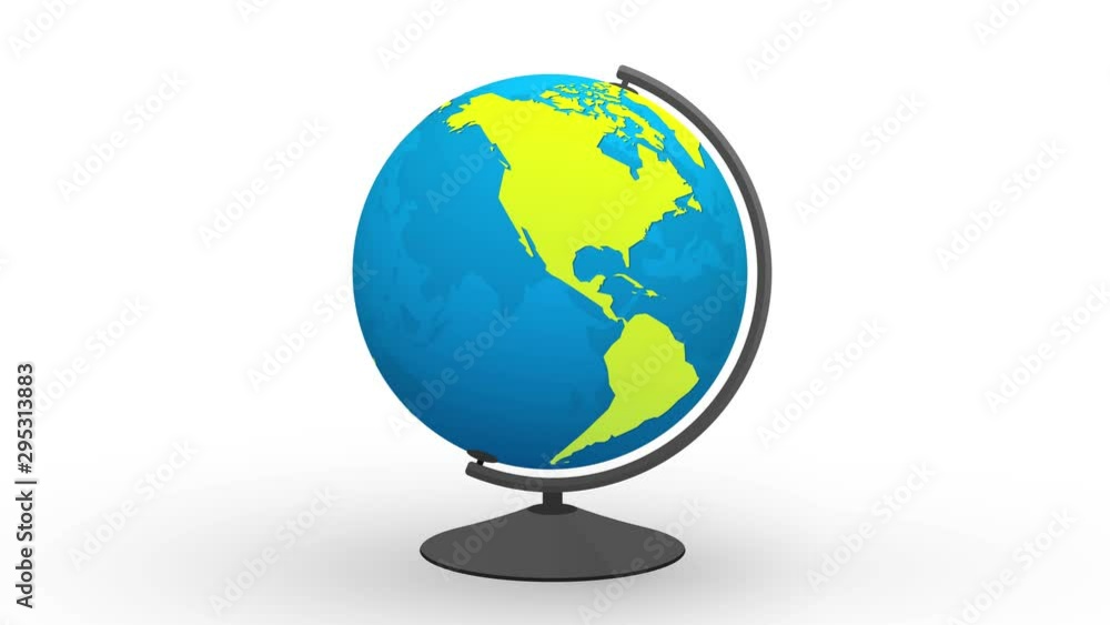 Wall mural globe on white desktop - transparent model of blue planet earth with green world map rotating around