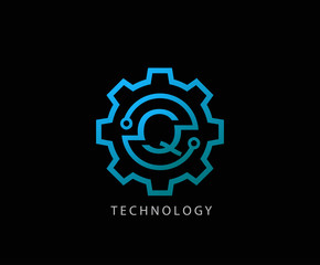 Letter Q Gear technology vector logo template. This logo is suitable for factory, industrial, technology, website, digital, mechanic, wheel.