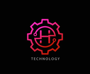 Letter H Gear technology vector logo template. This logo is suitable for factory, industrial, technology, website, digital, mechanic, wheel.