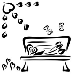 Flowers and sweets on the bench, butterflies and sun from hearts