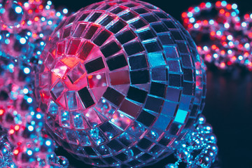 Mirror balls Illuminating in the dark close up
