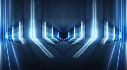 Abstract light tunnel, blue background, stage, portal with rays, neon lights and spotlights. Dark empty scene with neon. Symmetric reflection, perspective. 3D rendering.