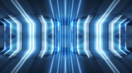 Abstract light tunnel, blue background, stage, portal with rays, neon lights and spotlights. Dark empty scene with neon. Symmetric reflection, perspective. 3D rendering.