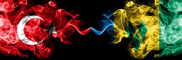 Turkey vs Saint Vincent and the Grenadines smoke flags placed side by side. Thick colored silky...