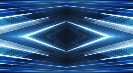 Abstract light tunnel, blue background, stage, portal with rays, neon lights and spotlights. Dark empty scene with neon. Symmetric reflection, perspective. 3D rendering.