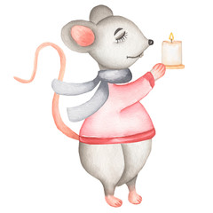 Little  Grey Mouse in a  red christmas hat and boots with Christmas candy. Cute cartoon Christmas animal rat or mouse with candle in hand. Watercolor illustration. Christmas and New Year card.