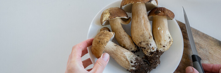Personal perspective of woman hands preparing porcini mushrooms (Boletus edible) for cooking them