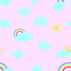 Cute seamless pattern with drawn clouds and rainbow. Scandinavian style design. Vector background image for textile, scrapbook, fabric, gift wrapping paper. Kids illustration. 