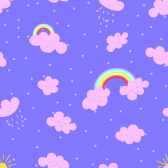 Cute seamless pattern with drawn clouds and rainbow. Scandinavian style design. Vector background image for textile, scrapbook, fabric, gift wrapping paper. Kids illustration. 