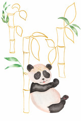 Cute Panda bear clipart, watercolor wild animal illustration, golden bamboo decoration, cartoon style card. Kids design, Zoo print