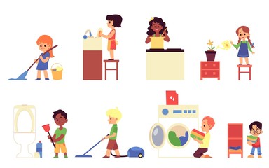 Fototapeta na wymiar Cartoon children doing household chores - washing dishes, cooking, cleaning