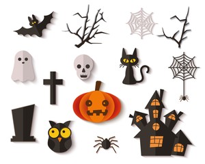 Set of paper cut Halloween icons, black cat and spider with web.