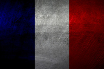 Flag of France on metal rough texture, grunge flag