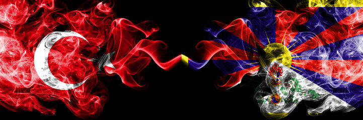 Turkey vs Tibet, Tibetan smoke flags placed side by side. Thick colored silky smoke flags of Turkish and Tibet, Tibetan