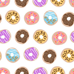Vector seamless pattern of different donuts on white background
