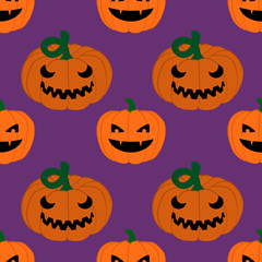 Vector seamless pattern of halloween pumpkins on purple background.