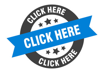 click here sign. click here blue-black round ribbon sticker