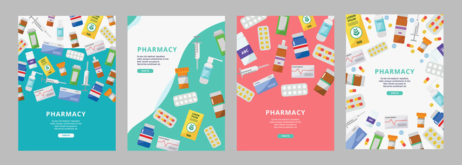 Online pharmacy ad poster set with colorful pill bottles, boxes and syringes - obrazy, fototapety, plakaty