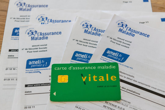 Paris, France - September 07, 2018 :  France health insurance document and Vitale card