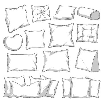 Black and white hand drawn pillow set - different shaped soft cushion outlines