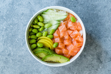 Hawaiian Poke Bowl with Salmon, Edamame, Takuan, Avocado, Cucumber Slices and Rice.