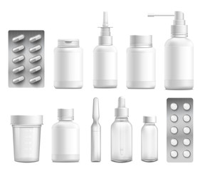 Medicine containers for drugs 3d set of mockup vector illustrations isolated.