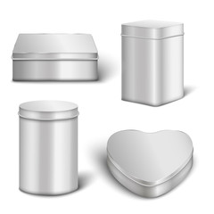 Realistic metal box mockup set with rectangle, cylinder and heart shapes