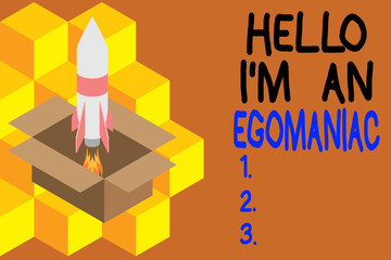 Handwriting text writing Hello I M An Egoanalysisiac. Conceptual photo Selfish Egocentric Narcissist Selfcentered Ego Fire launching rocket carton box. Starting up project. Fuel inspiration