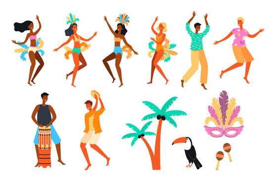 Brazilian carnival people dancing and playing music - isolated flat set of cartoon men