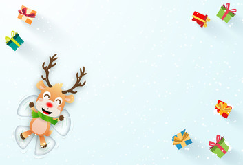 Origami paper art of Reindeer make a snow angel, Merry Christmas and Happy New Year