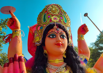 Bhopal, India - October 08,2019: Closeup of face of Goddess Durga, Navratri, Hindu festival. Navratri is the biggest festival in Madhya Pradesh, India