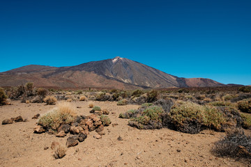 desert landscape with mountain  background , Pico del Teide volcanic summit