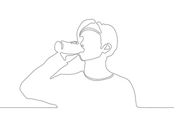 continuous line art a young man in a sports bandana drinks from a bottle. The concept of quenching thirst, harm of plastic bottles. It can be used for animation. Vector
