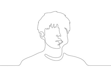 one continuous line drawing silhouette of a young man with a lollipop in his mouth. Portrait on the shoulders of a handsome man with a swollen cheek and a stick out of his mouth. For animation. Vector