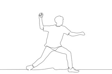 Continuous line art young man throws a ball. The athlete swung to hit the ball. Full height baseball player. It can be used for animation. Vector