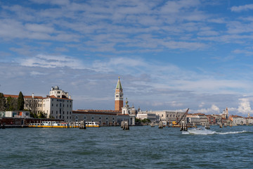 cityscape beautiful ancient town. Venice, laguna view on Basilica di Santa Maria della Salute, Piazza San Marco with Campanile, Doge Palace, and Arsenale. Venice, Italy