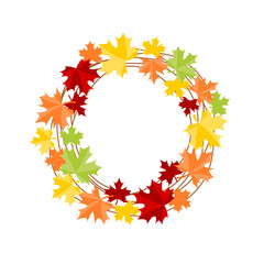 Autumn leaves circle frame on white background