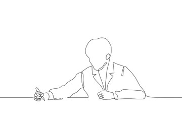 Continuous line art figure of a man in a jacket sitting at a table who is writing something. It can be used for animation. Vector illustration of a black contour on a white background.